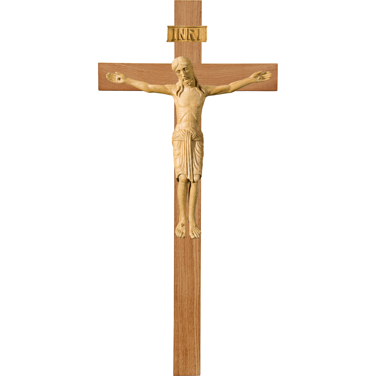 Cristo Románico en cruz de roble simple ancha